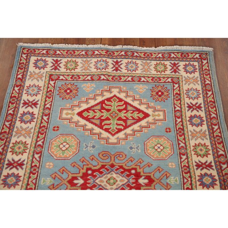 Light Blue Kazak Accent Rug Handmade Wool Carpet - 3'4"x 4'9"