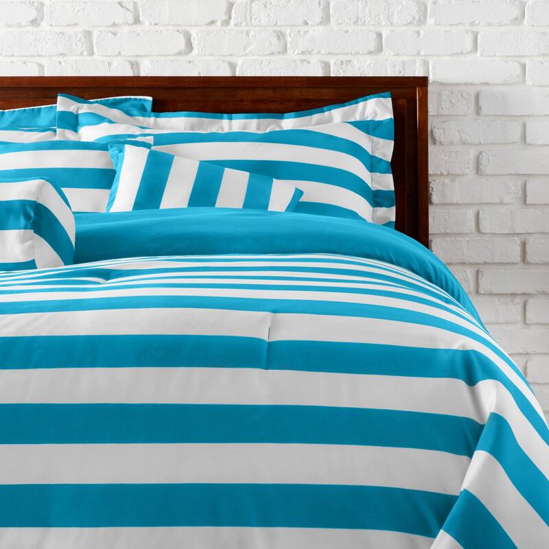 3-Piece Horizontal Stripe Duvet Cover & Sham Covers Set - Light Blue - Queen - 3 Piece