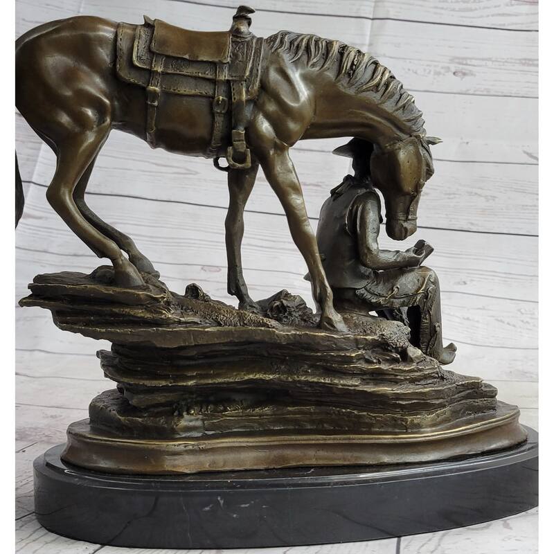 Cowboy Reading A Book With Horse Bronze Metal Western Sculpture Statue Remington Decor 11 Inches X 13 Inches