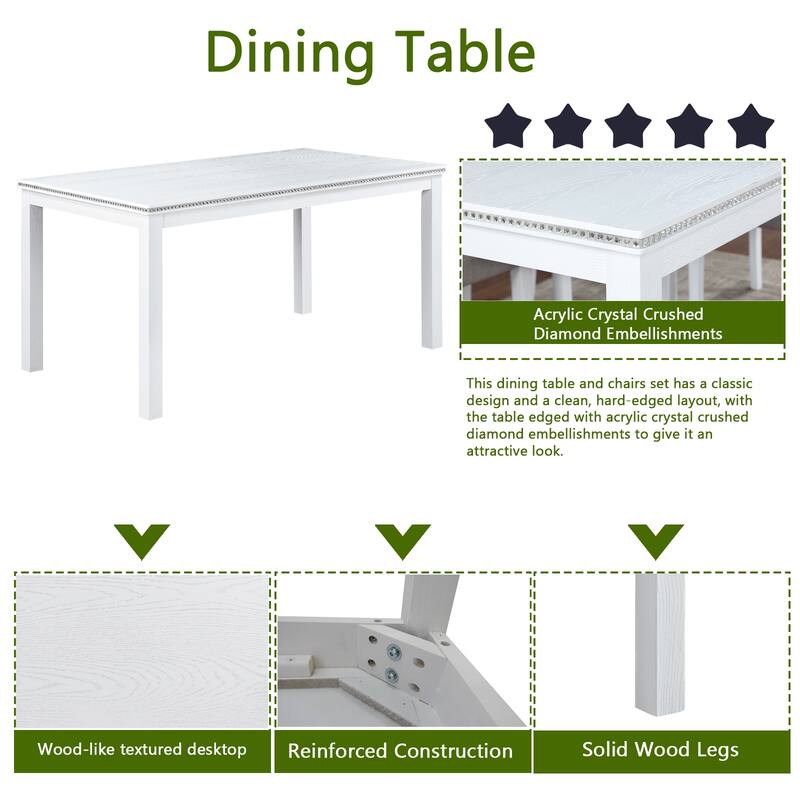 Kitchen Wooden Dining Table Set Rectangular Casual Dining Table with Crystal Accent Table Edge, 4 Dining Chairs, Bench