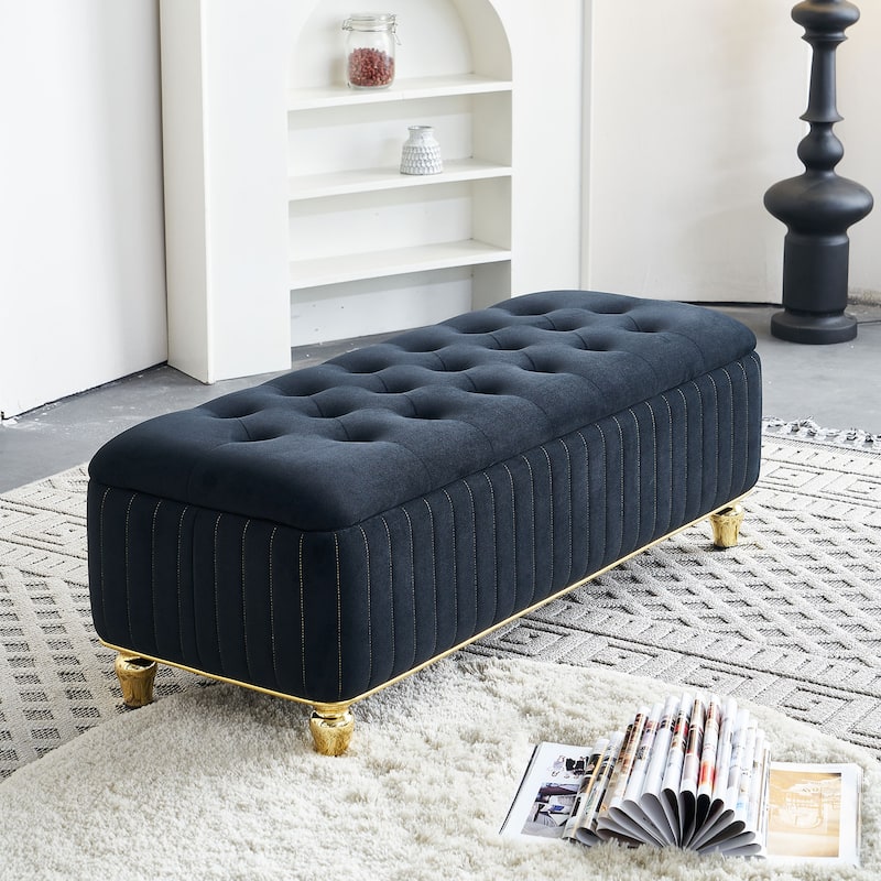 Upholstered Velvet Fabric Storage Ottoman with Safety Hinge