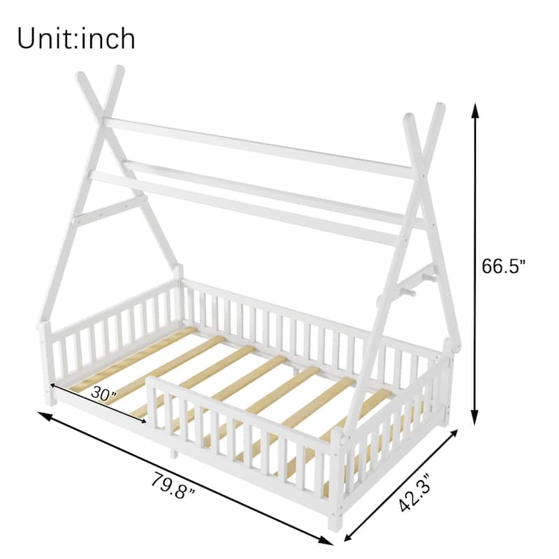 Twin House Bed with Light, Low Floor House Bed with Fence & Roof for Kids Boys Girls - White
