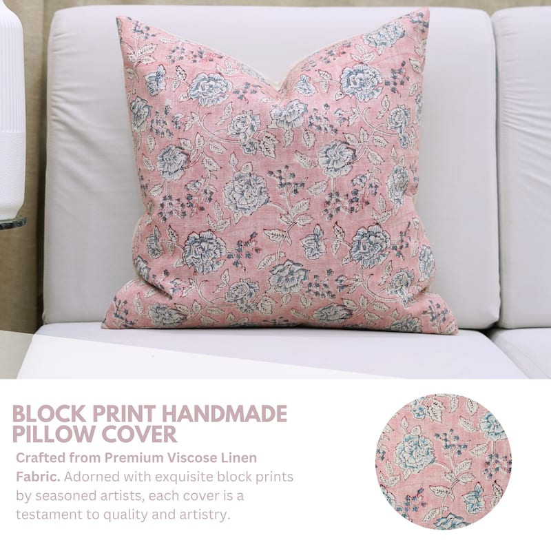 Fabdivine Pink or Gray Floral Accent Cushion Cover for Farmhouse Sofa, Bed Pillowcase 16x16 Inch Viscose Linen, Rameshwaram