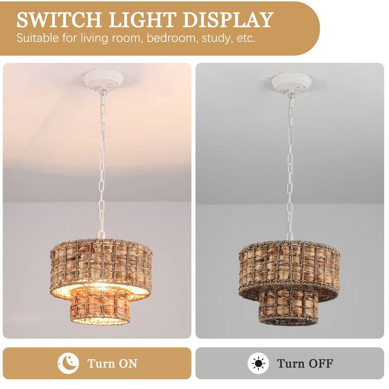 1-Light Farmhouse 2-Tier Metal Hanging Pendant Light Kitchen Island with Rattan Cover for Dining Room