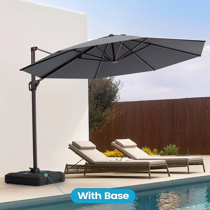 Outdoor 11 Ft Patio Cantilever 360 Degree Rotation Offset Umbrella with Base