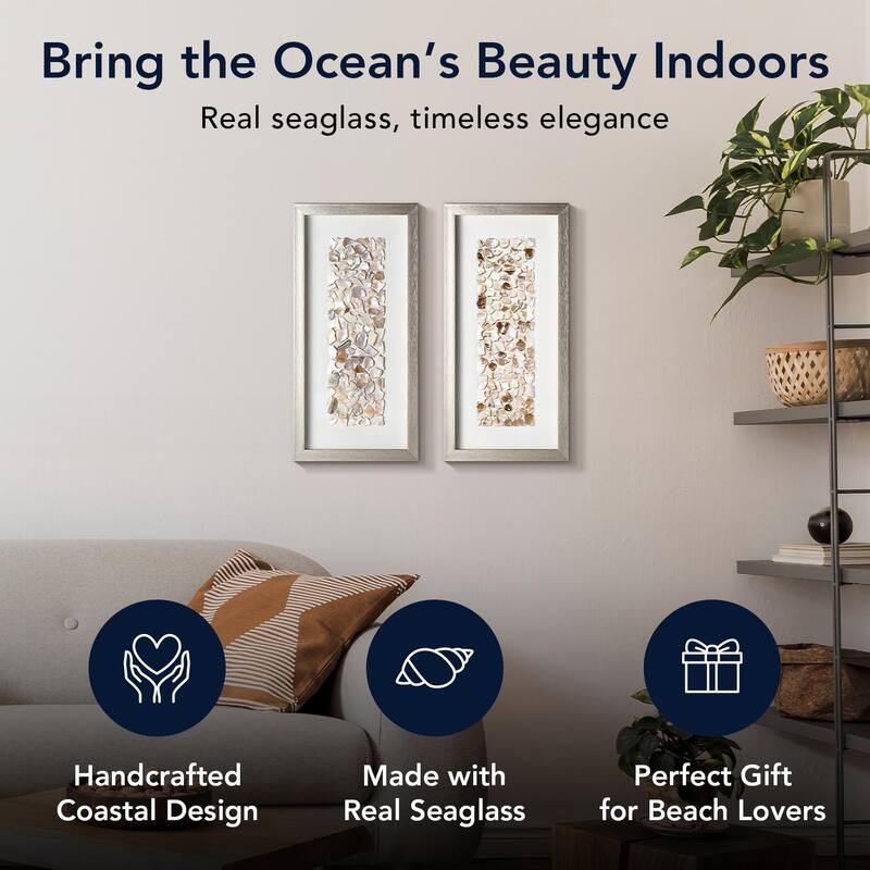 American Art Decor Neutral Seashell Mosaic 3D Textured Wall Art Panel with Champagne Frame, 2 Piece Set - Coastal Beach Decor