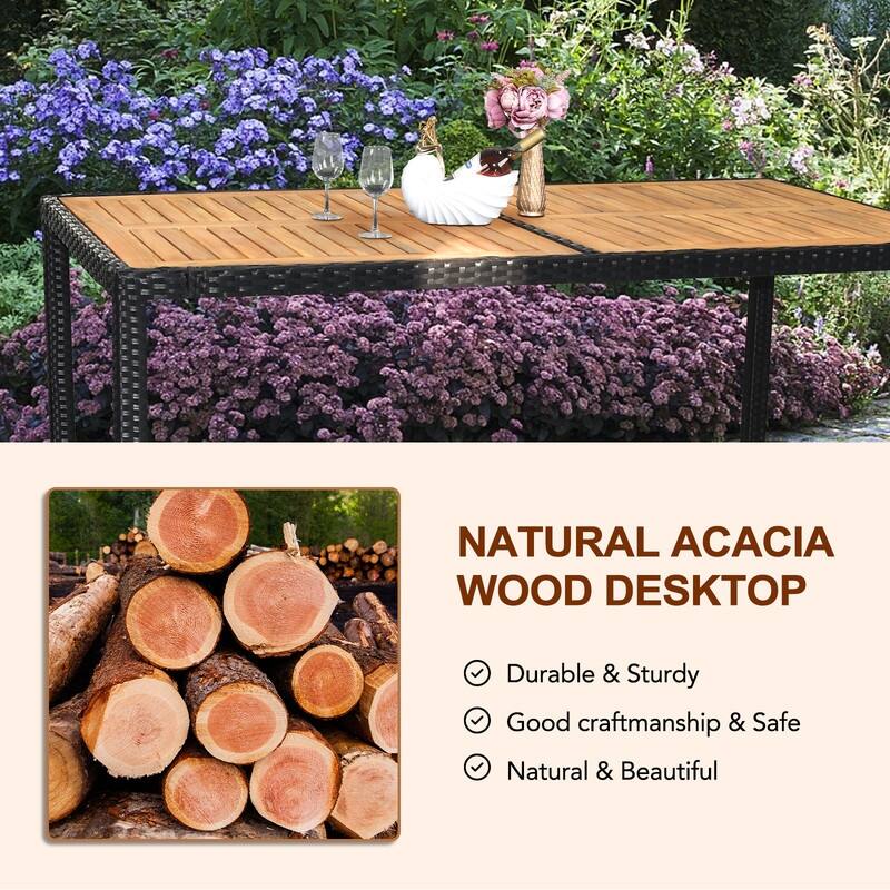 Outdoor 7-Piece Wicker and Acacia Wood Dining Set with Beige Cushion