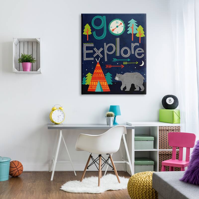 Stupell Go Explore Night Time Tee Pee with Bear Stretched Canvas Wall Art, 16 x 1.5 x 20, Made in USA - Multi-color