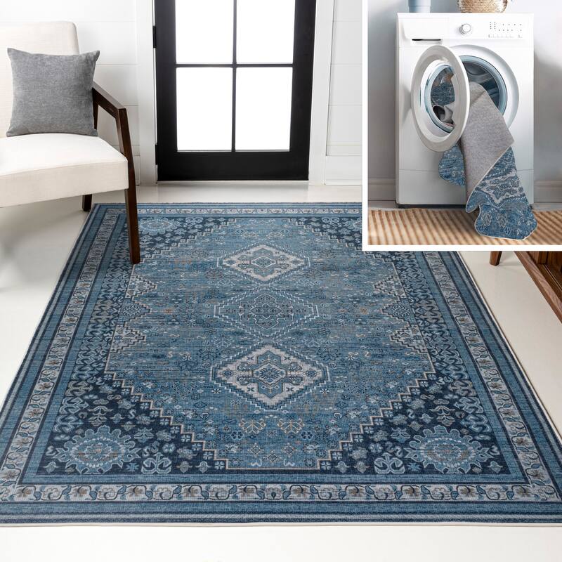 JONATHAN Y Didim Geometric Medallions Machine Washable Area Rug - 3 X 5 - Blue/Gray