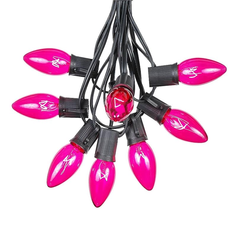 100 Foot C9 Christmas Light Set, Hanging Patio String Lights, Black Wire - Pink