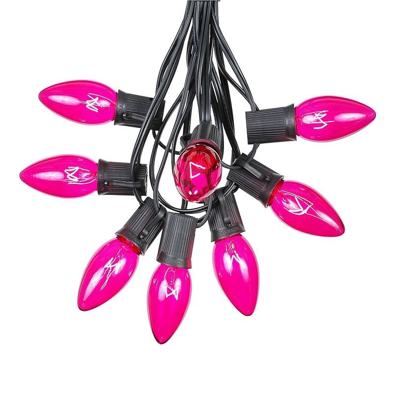25 Foot C9 Christmas Light Set, Hanging Patio String Lights, Black Wire - Pink