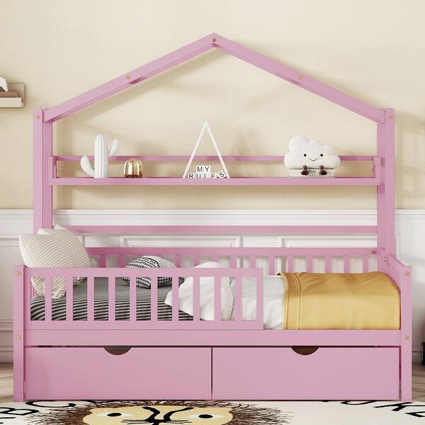 slide 2 of 9, Wooden Full Size Pink House Bed with 2 Drawers and Storage Shelf Pink - Full