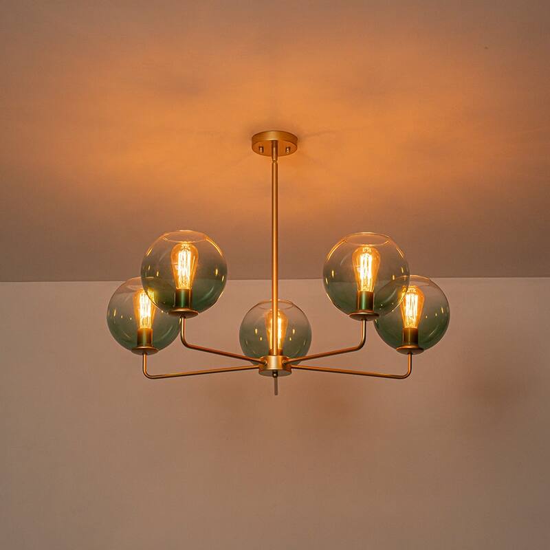 Mid-century 5-Light Glass Globe Bubble Round Chandelier - 35in Wide