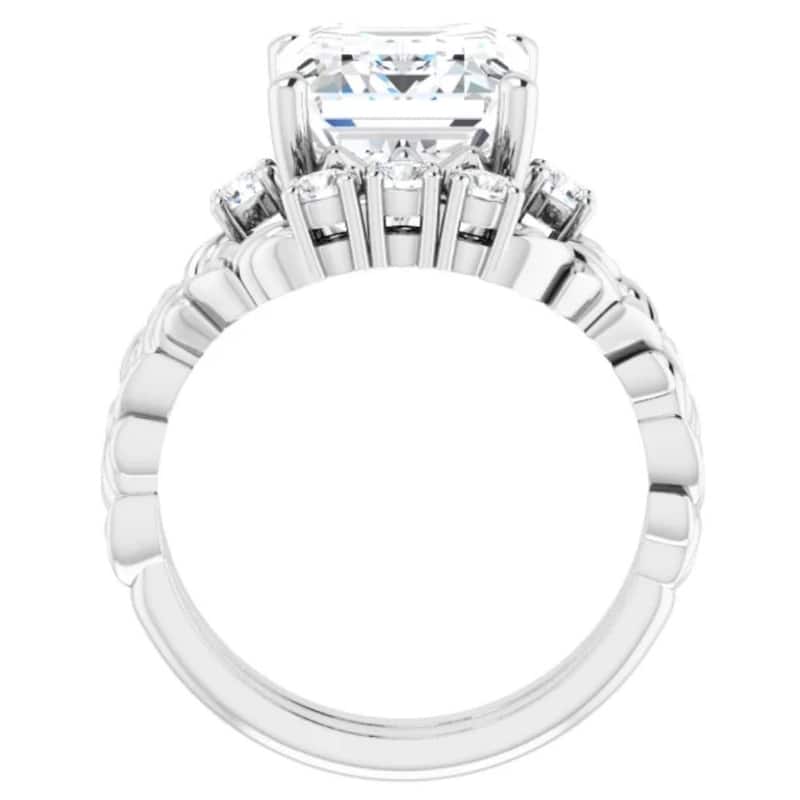 VS 5 1/2Ct Diamond & Emerald Cut Moissanite Petite Leaf Engagement Set in Gold