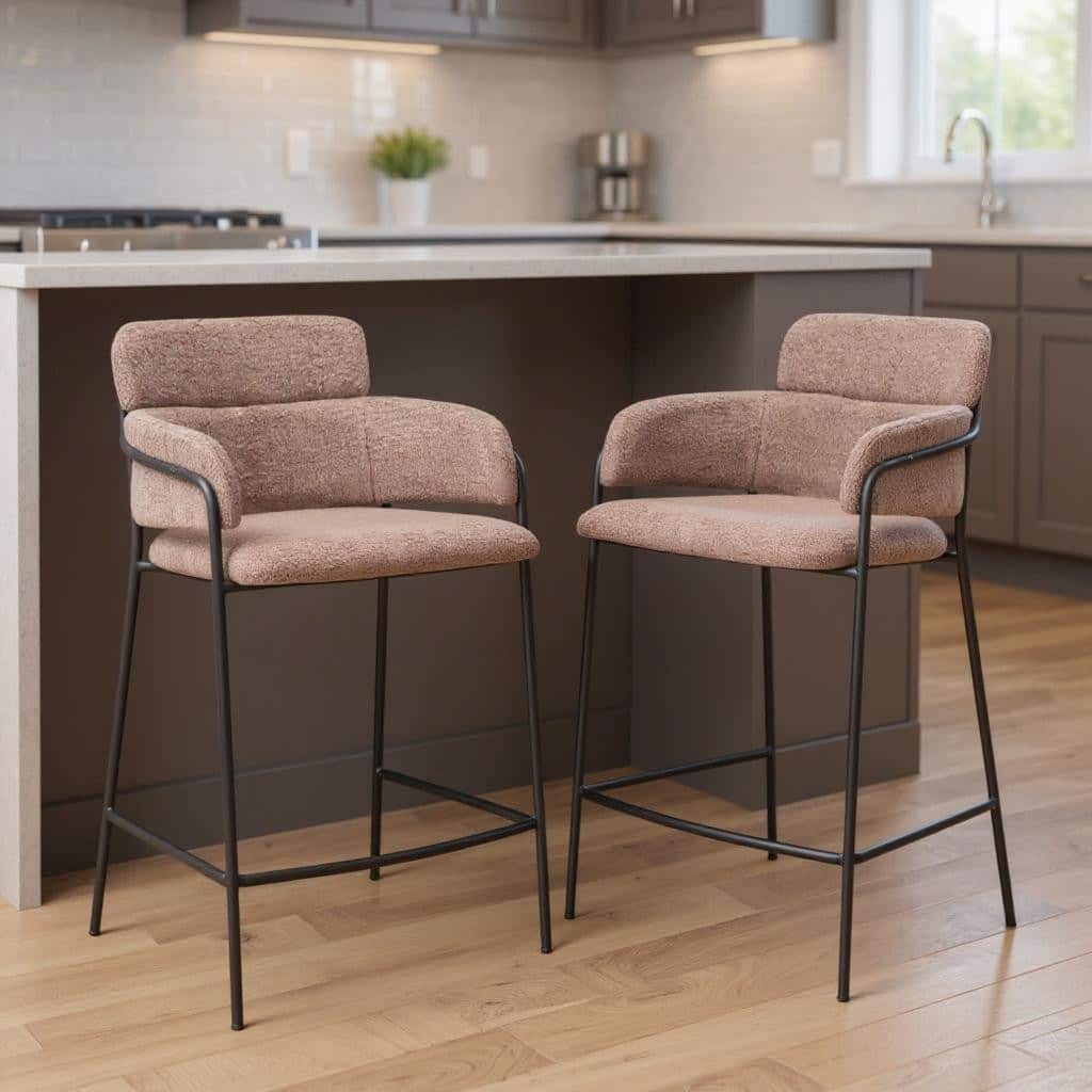 HomeRoots Set of Two 26" Brown and Black Faux Shearling and Steel Counter Height Bar Chairs