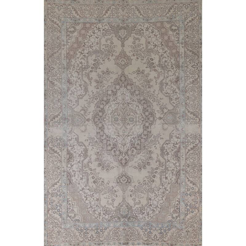 Hand Knotted Oriental 100% Wool Carpet Traditional Medallion Beige & Ivories Tabriz Area Rug - 10' 9'' X 7' 8''