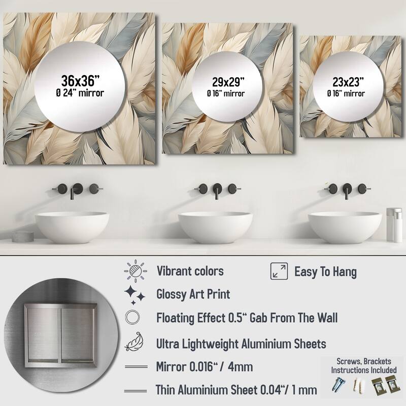 Designart "Feathery plumes" Feathers Wall Mirror - Animals Large Square Printed Mirror For Hallway