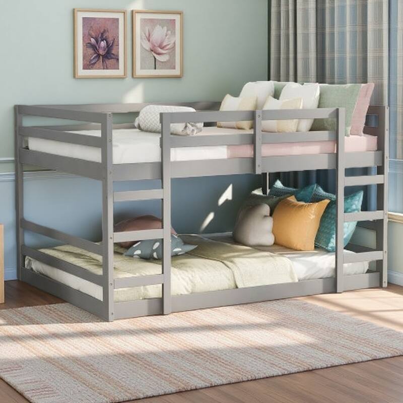 Full Over Full Wooden Bunk Bed with Ladder, Guardrails, and Slatted Base - Grey