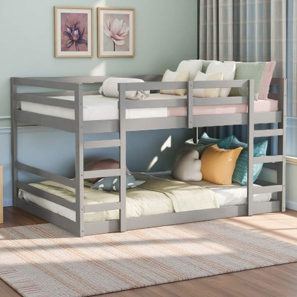Full Over Full Wooden Bunk Bed with Ladder, Guardrails, and Slatted Base