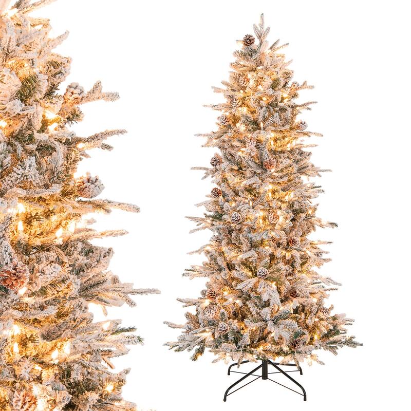 Gymax 6 FT Pre-Lit Artificial Christmas Tree Snow-Flocked Hinged Xmas