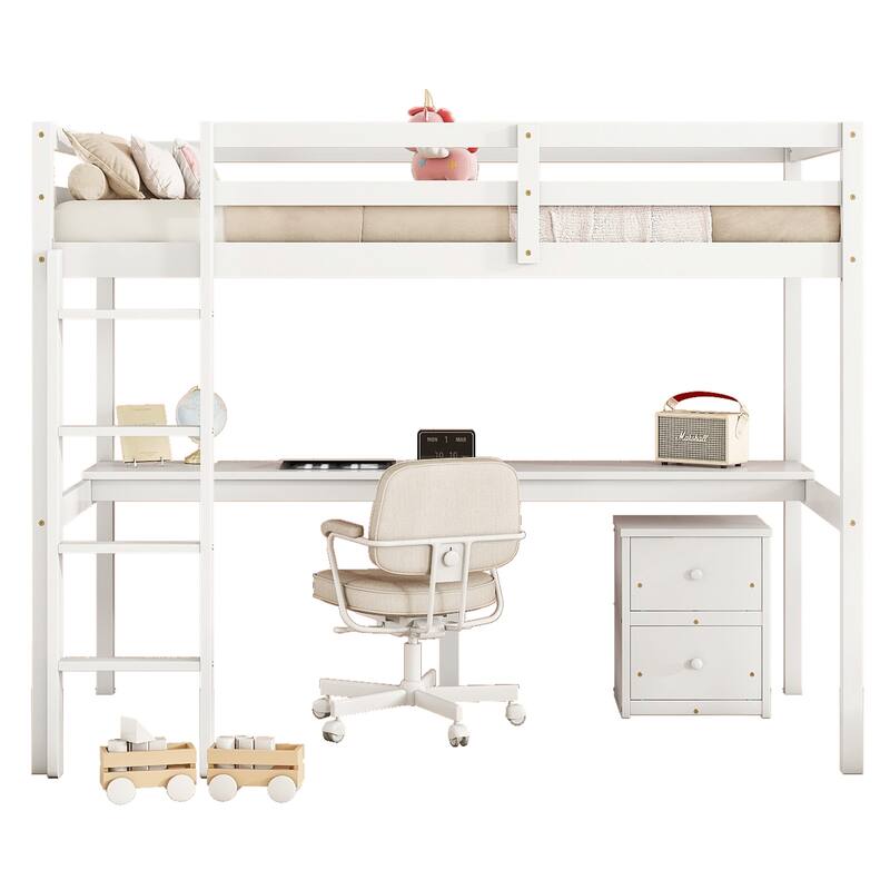 Twin Size Wood Loft Bed with Desk, Storage, and Ladder