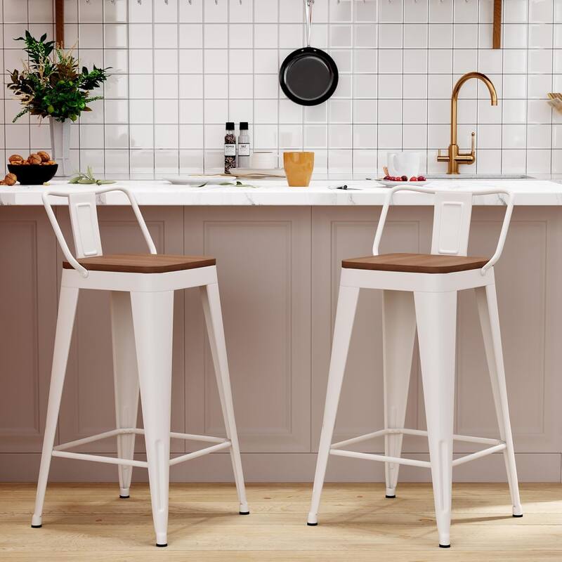 Counter & Bar Stools with Metal Frame Kitchen Stools with Low Back Kitchen Bar Furniture Stools with Square Wooden Seat - Set of 2 - Off-White - Counter Height