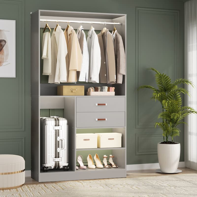 Vryon 40''W Freestanding Closet Organizer with Hanging Rod, Closet System Wardrobe with Wood Drawers