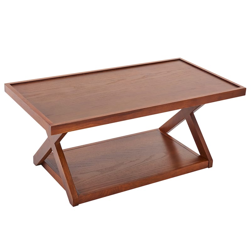 2-Tier Rectangular Solid Oak Wood Coffee Table with Cross Legs - 40.23"L x 21.17"W x 16.54"H