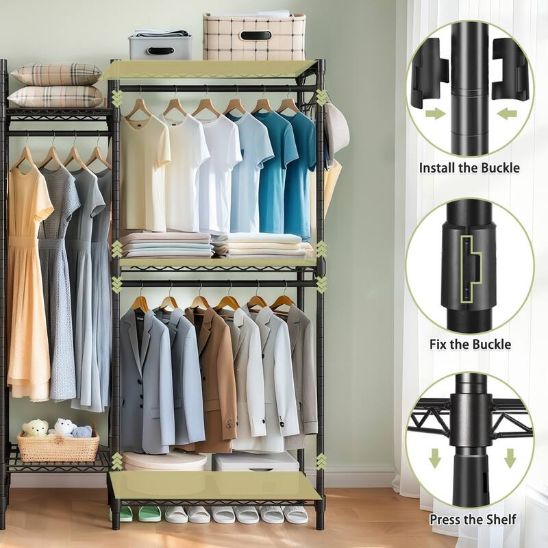 Heavy Duty Garment Rack, Freestanding Closet Organizer, Portable Wardrobe Clothes Rack, Adjustable Wire Shelving Clothes Rack