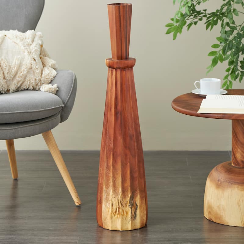 Brown Wood Handmade Tall Pleated Hourglass Floor Vase - Brown - 8" x 8" x 35"