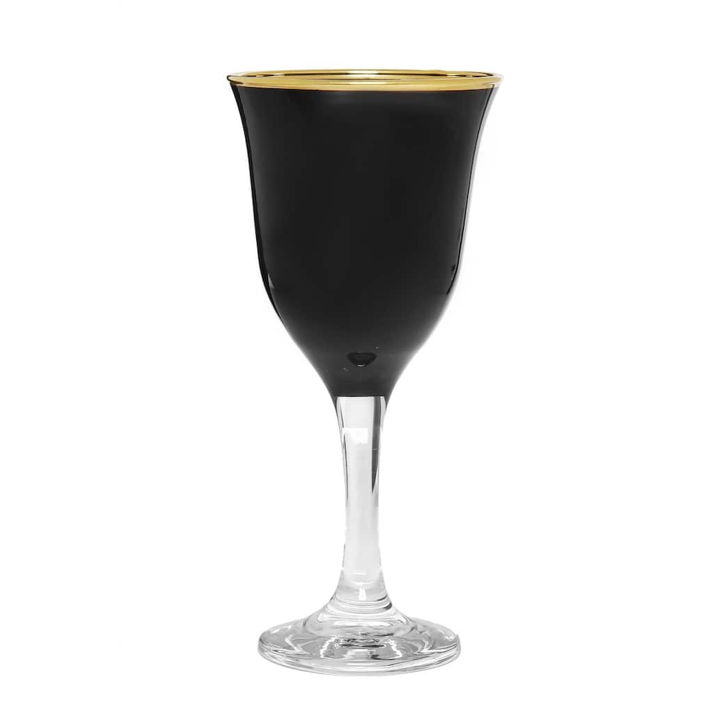 Set of 6 Water Glasses Black with Clear Stem and Gold Rim - 9.5"H