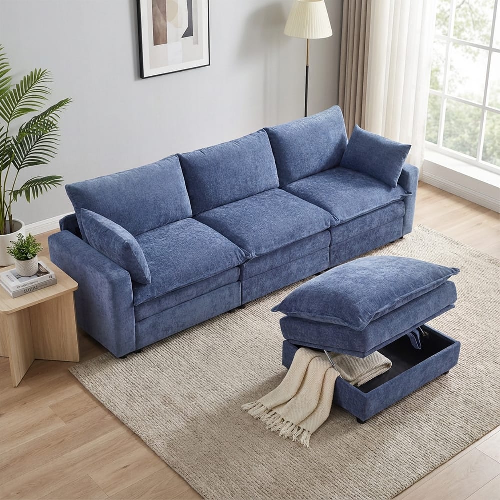 Modular Sectional Sofa for Living Room, U-Shaped Sofa Couch with Corduroy Fabric, 3/4 Seat Oversized Couch with Movable Ottoman