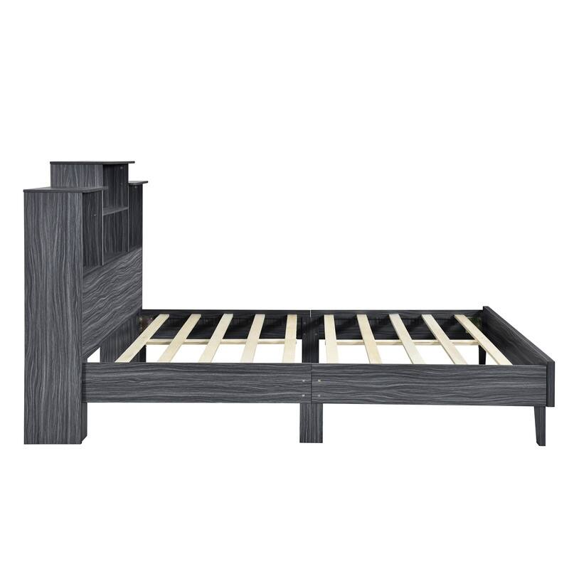 Full Size Platform Bed with 4 Open Storage Shelves, Wooden Bed USB