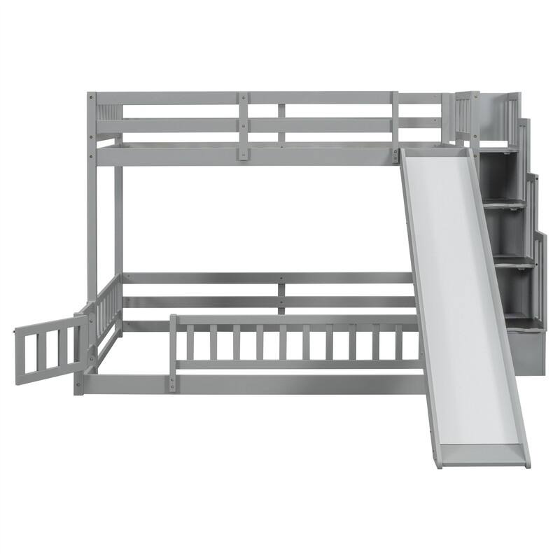 Twin Over Full Size Floor Bunk Bed with Slide and Safety Guardrails, Wooden Bunk Bedframe with Storage Staircase and Fence
