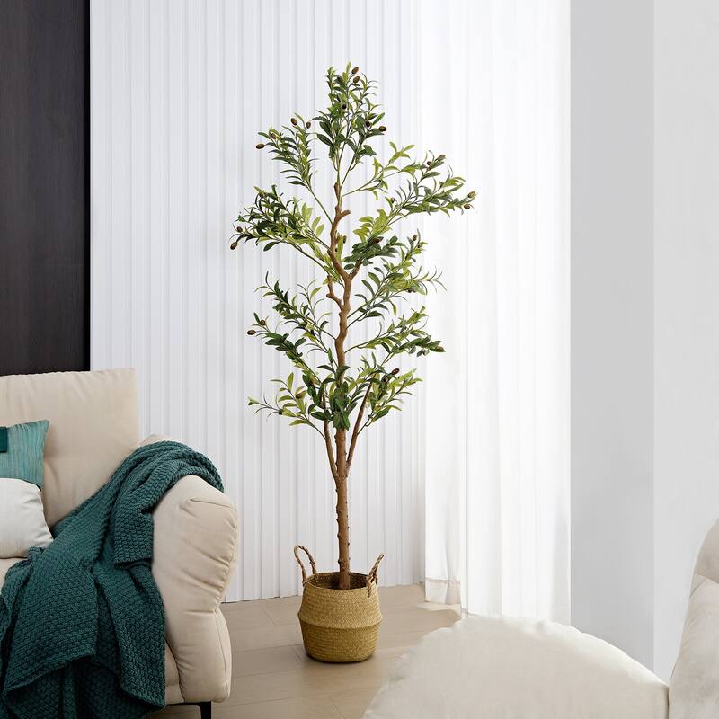 VECELO Set of 2 Artificial Olive Trees Lifelike Silk Leaves with Solid Wood Trunk 59 and 71-inch Tall for Home and Office Decor