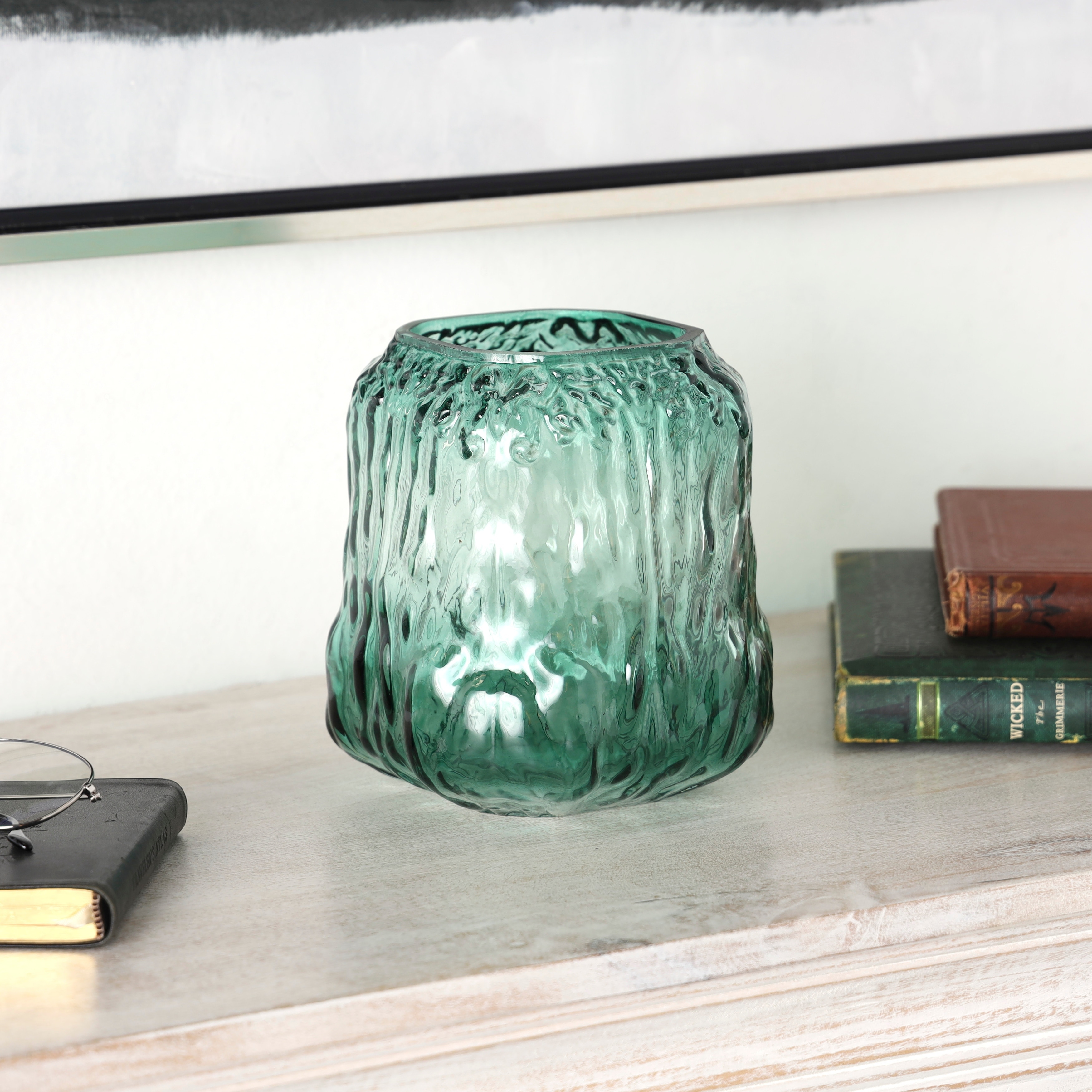 Green Glass Handmade Abstract Textured Rectangular Ombre Vase