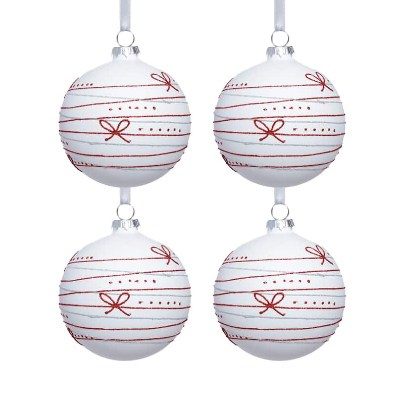 4-Piece Set Matte 4.75" Glass Christmas Ball Ornaments with Red Ribbon Design