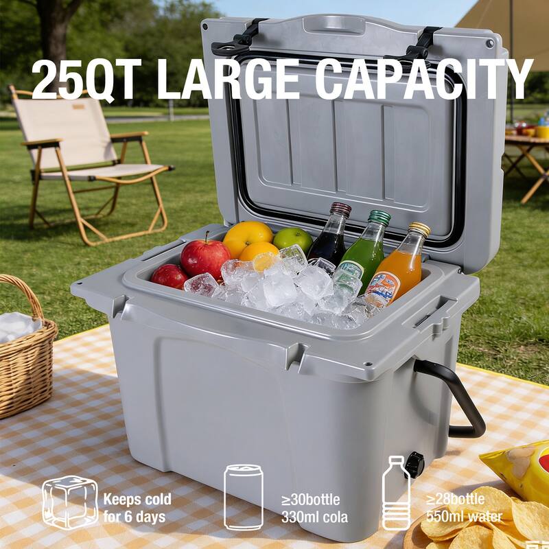 25QT Portable Cooler, Insulated Hard Cooler with Bottle Opener, Cup Holder, Forming Ruler, Travel, Beach, Camping, Fishing