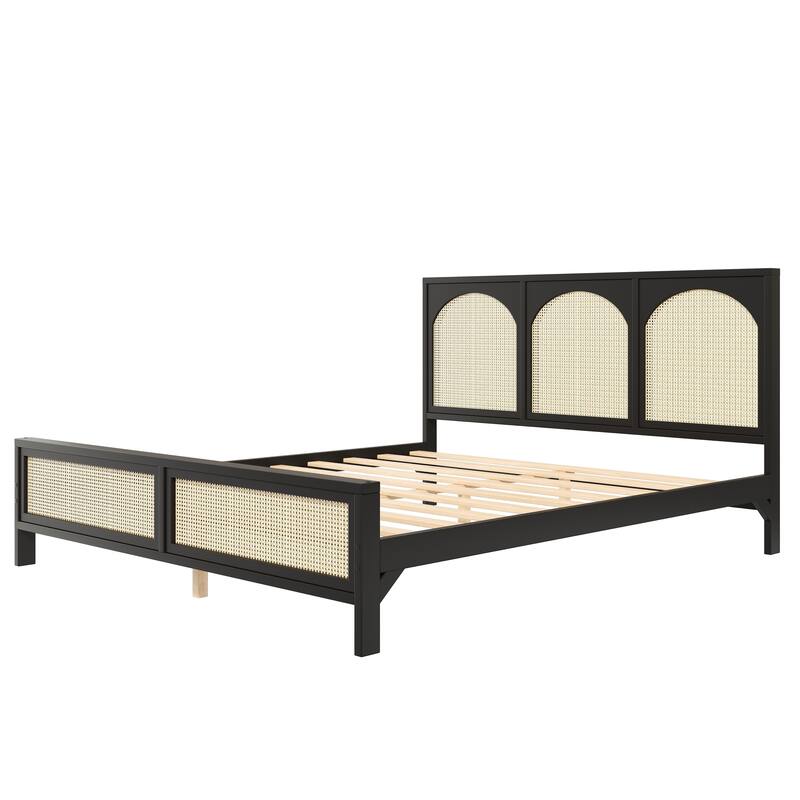Rattan Low Profile Bed Wood Platform Bed Frame with Rattan Headboard and Footboard, Wood Slat Support, No Box Spring Needed