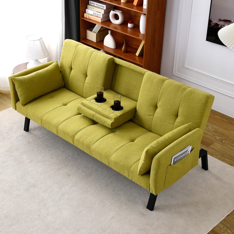 70-inch multi-functional cotton and linen sofa bed: foldable + cup holder + side storage - Green
