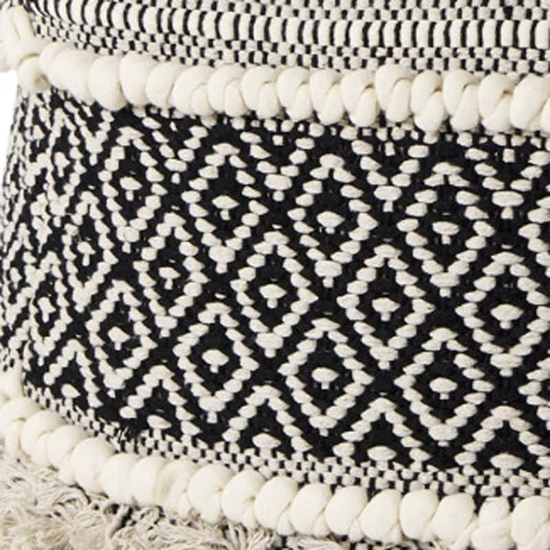 HomeRoots 16" Black Gray and White Cotton Geometric Pouf Ottoman