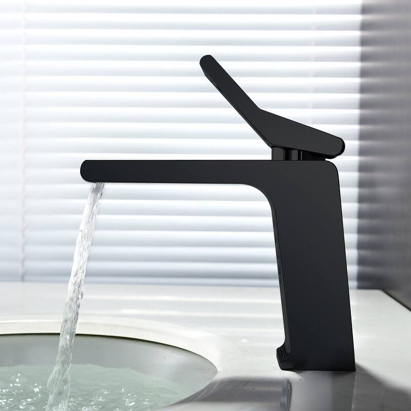 matte black single handle bathroom basin faucet with pop up overflow brass drain - 7'6" x 9'6"