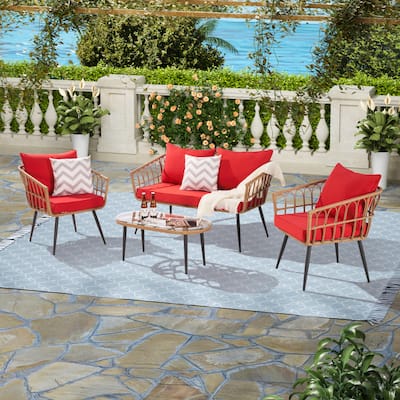 4 Pieces Patio Furniture Sofa Table Set, All-Weather Rattan Wicker Outdoor Conversation Set for for Backyard, Porch, Poolside