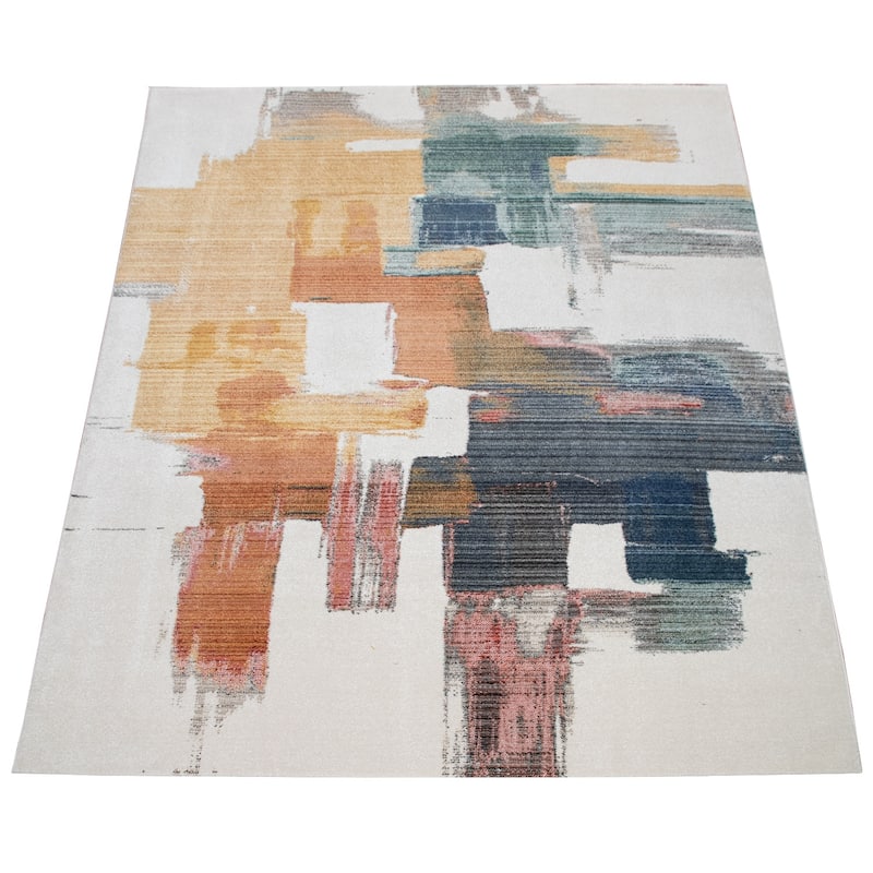 Modern Designer Rug with colorful Art-Works, abstract in cream