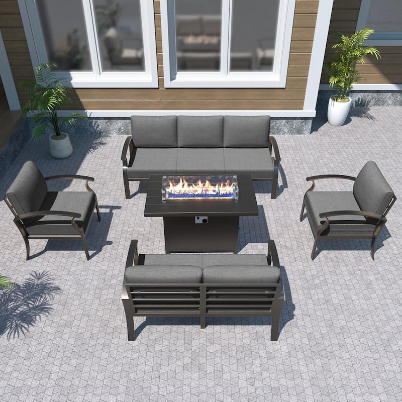Aluminum Patio Furniture Set with FirePit Ottomans Swivel Chairs,Sectional Sofa with Thick Seat Cushions for Porch Garden - 7-Seats - Grey