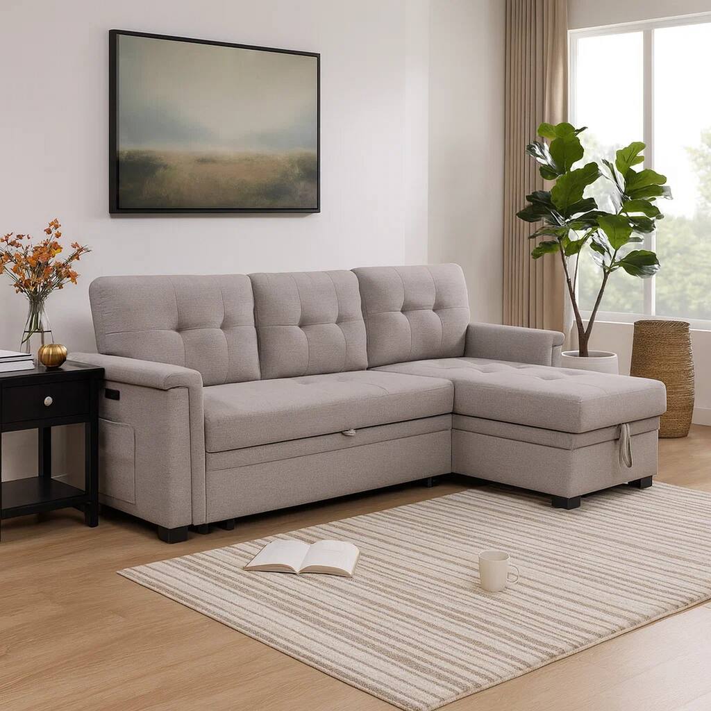 Ruben 84 Inch Reversible Sleeper Sectional Sofa with Storage Chaise, Gray