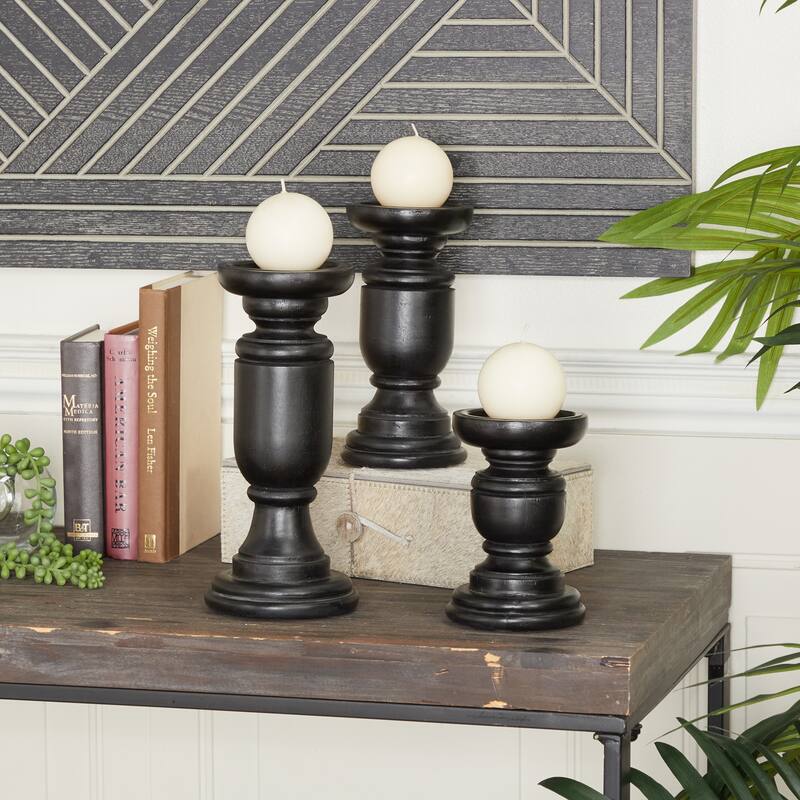 White, Black, or Gold Mango Wood Turned Style Pillar Candle Holder (Set of 3) - S/3 10", 8", 6"H
