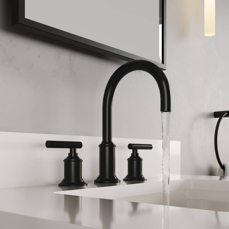 Modern Gooseneck Spout Widespread Deck Mount Lavatory Faucet F2-0014 in Matte Black Finish with Cylindrical Lever Handles - Black