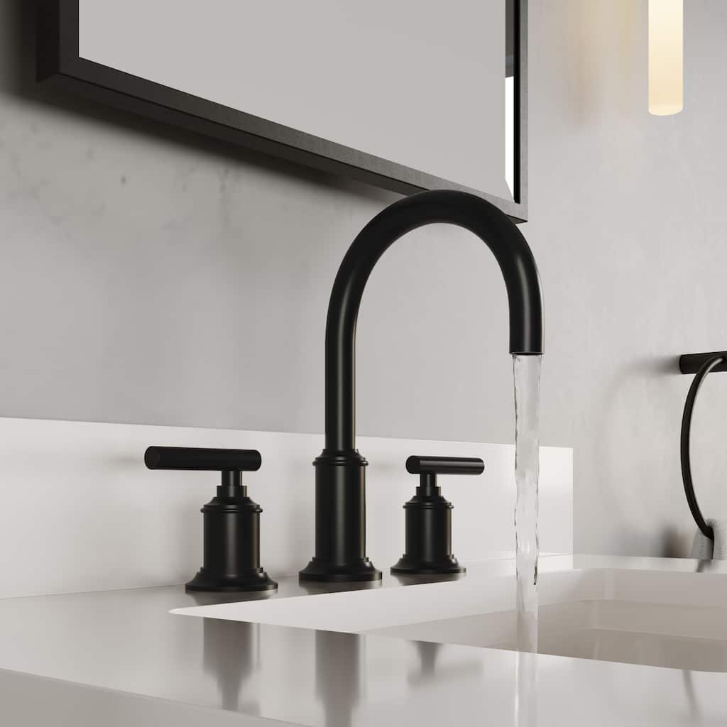 Modern Gooseneck Spout Widespread Deck Mount Lavatory Faucet F2-0014 in Matte Black Finish with Cylindrical Lever Handles