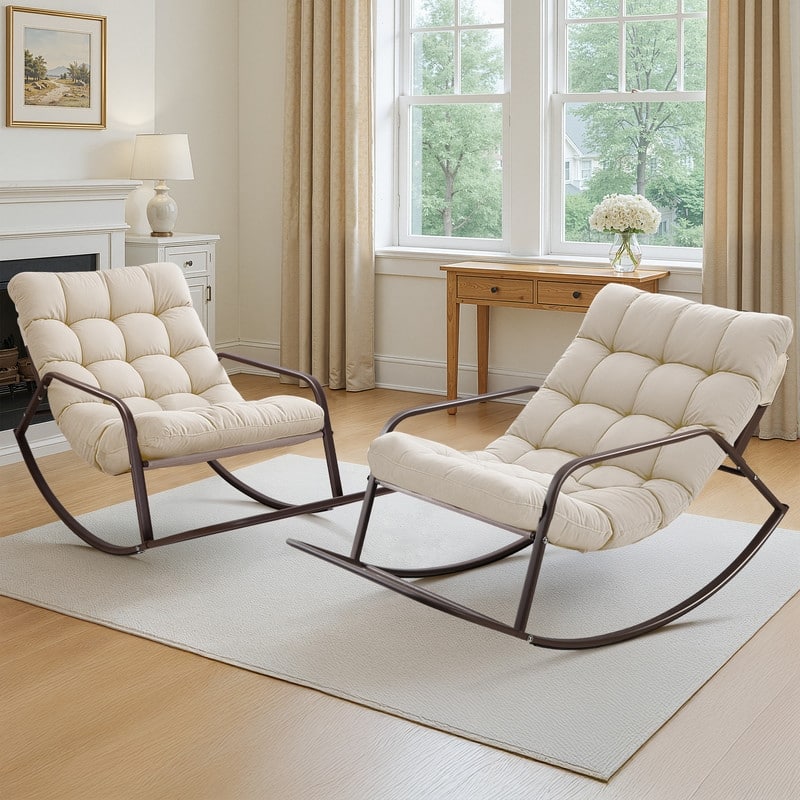 FINCATI Indoor Rocking Papasan Chair, Cushioned Papasan Rocking Chair, Metal Rocker with Cushions, 450 lbs Lounge Rocker - 2 PCS-Beige